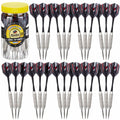 Jar with yellow lid containing steel-tip darts with black and red flights and silver barrels