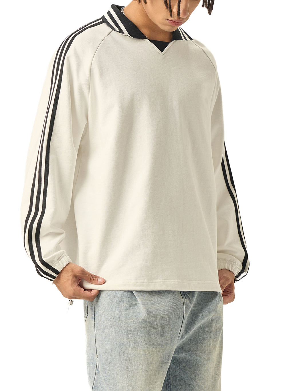 Contrast Striped Lapel Collar Sweatshirt