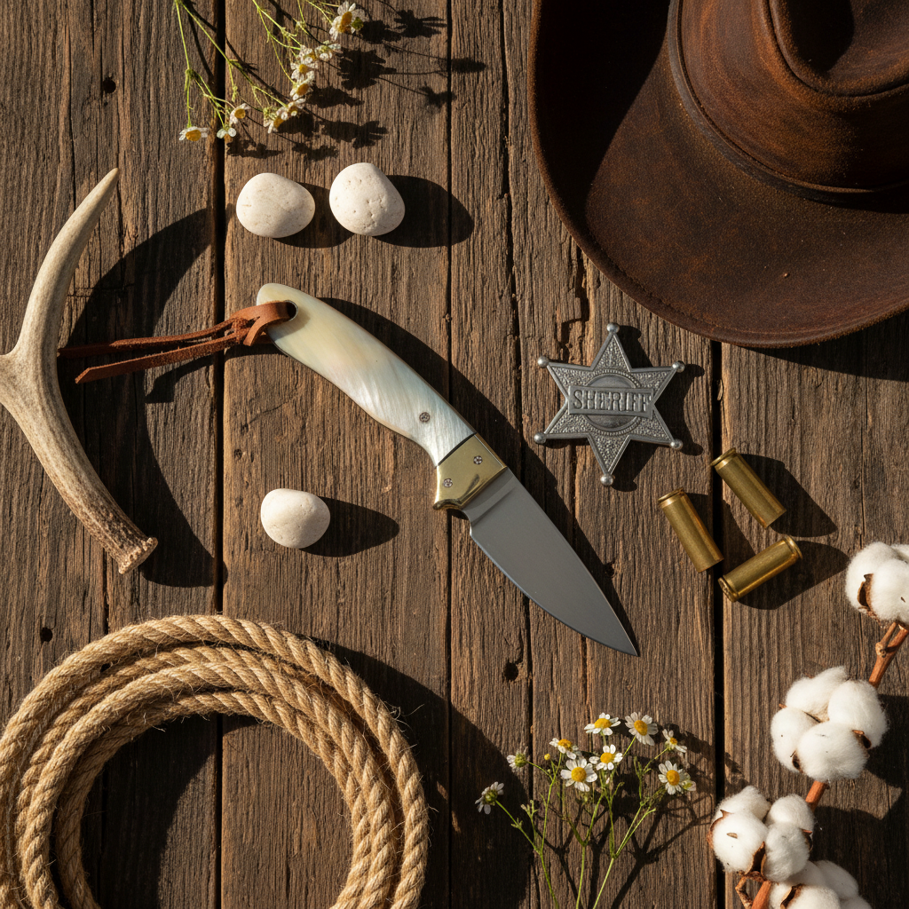 The White Ghost – Custom Handmade D2 Steel Buckaroo Ranch Knife with White Sheep Horn & Brass Bolster